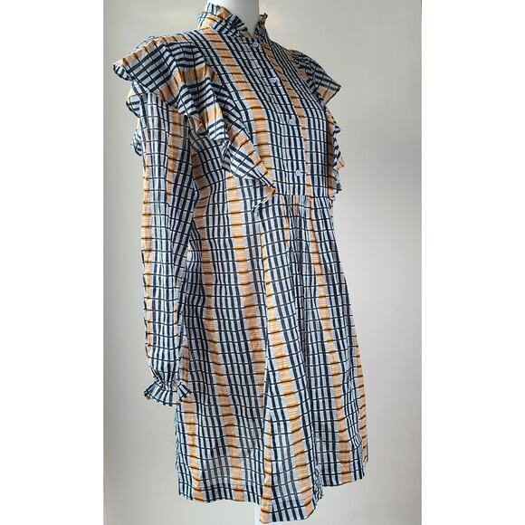 Samsoe Samsoe Martha Short Dress Organic Cotton Plaid Ruffle Long Sleeve Size XS - Picture 4 of 14